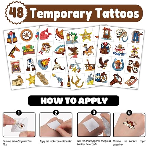 72 PCS Cowboy Party Favors for Kids ? 48 Pre-Cut Temporary Tattoos & 24 Cowboy Punch Balloons Themed Birthday Party Decorations Supplies Favors Gifts, Goodie Bag Fillers, Classroom Rewards