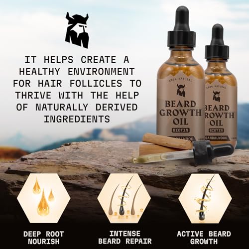 Striking Viking Beard Growth Oil - 2 Fl Oz, Pack of 2, Sandalwood - Nourishing Jojoba & Argan Oil Hydration - Intense Thickening for Beard Growth