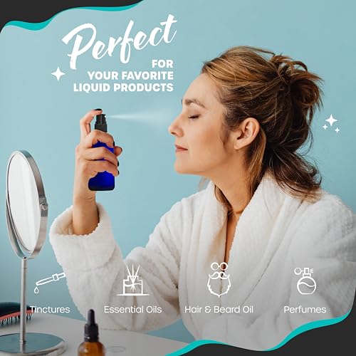 Nevlers Blue Glass Spray Bottles 4 Oz 24 Pack | Mini Spray Bottle Small Set with Labels, Marker, Funnel, Brush & Wrap | Blue Bottle For Face & Hair Products | Practical 4 Oz Bottles for Essential Oils