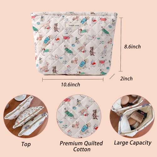 Quilted Cotton Makeup bag Cute Animal Cosmetic bag,Cotton Aesthetic Makeup Bag Large Capacity Travel Toiletry Bag for Women and Girls(01Dog)