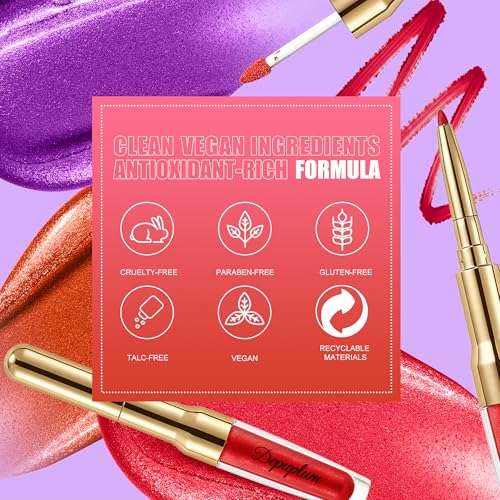 Red Metallic Lipstick and Lip Liner Combo Makeup 2-in-1 Shimmer Glitter Lipsticks for Women Metallic Lip Gloss Stain Waterproof Smudgeproof Long Lasting Lipsticks (GB26 One Kiss) | long lasting, metallic, waterproof, smugeproof, shimmer
