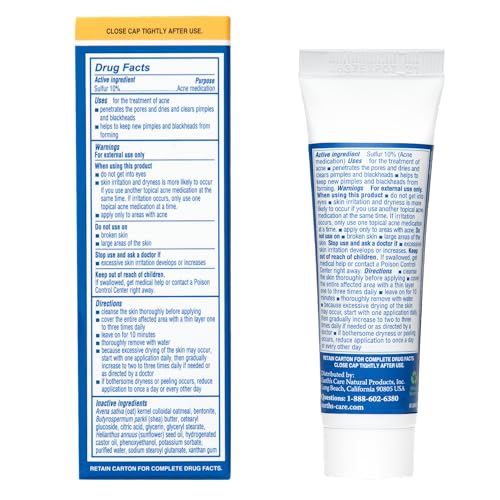 Earth's Care Acne Spot Treatment - 10% Sulfur Cream Medication to Clear Cystic Acne, Pimples and Blackheads on Face and Body (Tube 0.97 OZ)