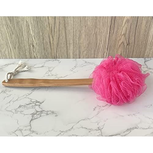Shower Loofah Body & Back Scrubber - Exfoliating Loofah luffa Bath Brush On a Stick - with Long Wooden Handle Back Brush for Men & Women - Easy Reach Body Wash & Lotion Applicator£¨ 2 Pack- Red£©