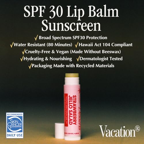 Vacation Strawberry Jello Salad SPF 30 Lip Balm, Hydrating Sunscreen for Lips, Water-Resistant, Lightweight, Transparent Sheen, Vegan Formula Made without Beeswax (Pack of 3)