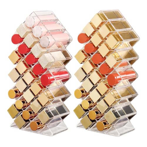 Lipstick Organizer,56 Lip Slots Acrylic Lipstick Holder,Stackable Lip Gloss Organizer,for Lipgloss Makeup Vanity Display, Clear (2 Pack)