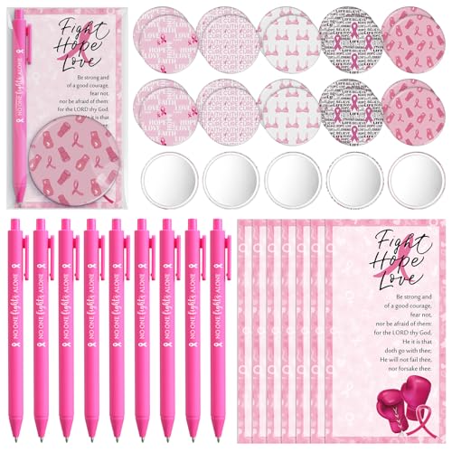 Pinkunn 75 Sets Breast Cancer Awareness Accessories Bulk Breast Cancer Gift for Women Compact Mirrors with Pink Ribbon Boxing Glove Design, Ballpoint Pens, Motivational Cards Charity Party Favors