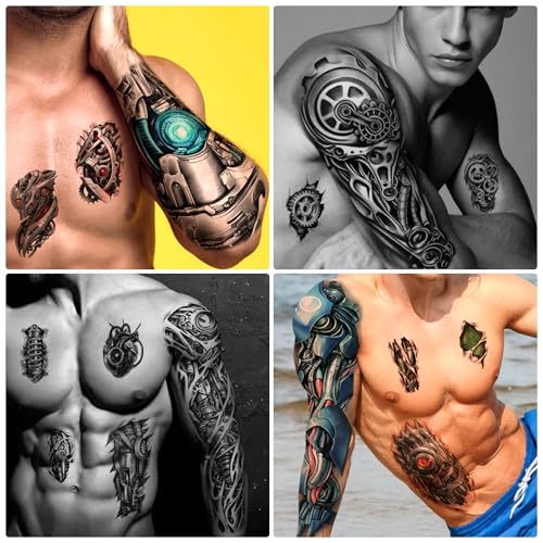 48 Sheets Mechanical Style Full Arm Sleeve Temporary Tattoos for Men Kids, Fake Tattoos Body Shoulder Arm Hand Stickers Waterproof