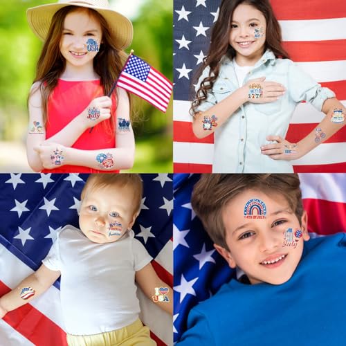 HOWAF 4th/Fourth of July Temporary Tattoos 96 Individually Sheets Giltter American USA Flag Tattoos Stickers Giltter gold and silver Independence Day Tattoos for Patriotic Independence Day