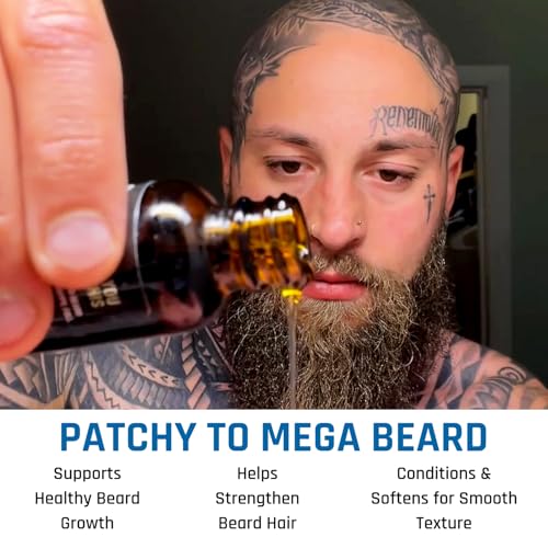Derm Dude Mega Beard Growth Oil for Men | Formulated with Castor Oil & Jojoba Oil for Hair Growth | Promotes Thicker, Fuller Beard, Hydrates & Softens Facial Hair, Non-Greasy Grooming Treatment - 1 oz