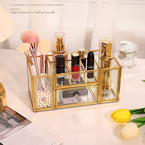 YUEHUA Makeup Brush Holder Organizer,Clear Glass Nail Polish Lipsticks Cosmetic Organizer for Vanity Bathroom Bedroom Office