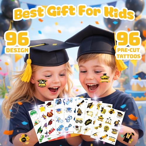 96 PCS Happy Graduation Temporary Tattoos for Kids - Pre-Cut Cute Grad Congrats Designs for Graduation Theme Parties, Fun Birthday Party Supplies Decorations Favors (Graduation-VT1)