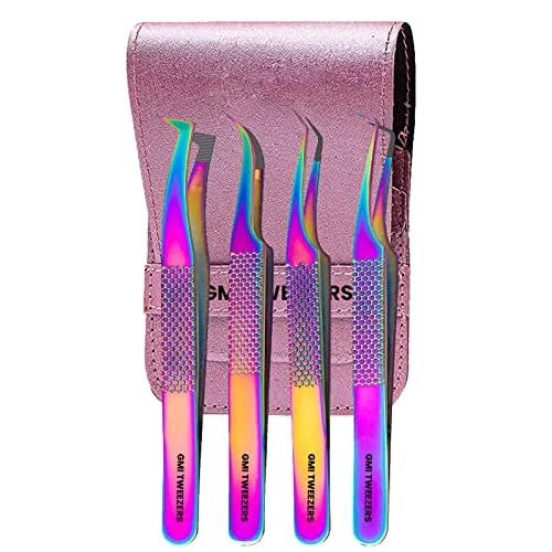 Fiber Tip Lash Tweezers- Pack of 4 Eyelash Extension Tweezers Professional- Lash Tweezers.