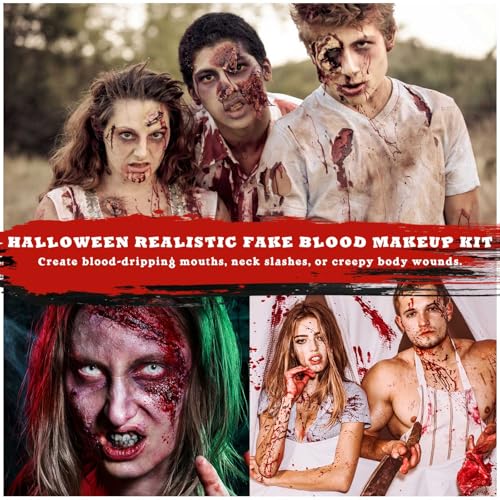 BOBISUKA 5PCS Halloween Fake Blood Kit ? Dripping Fresh Blood, Dark Spray Blood, Coagulated Gel, Cleansing Soap, Stipple Sponge ? Realistic Washable SFX Makeup for Zombie, Vampire Monster & Cosplay