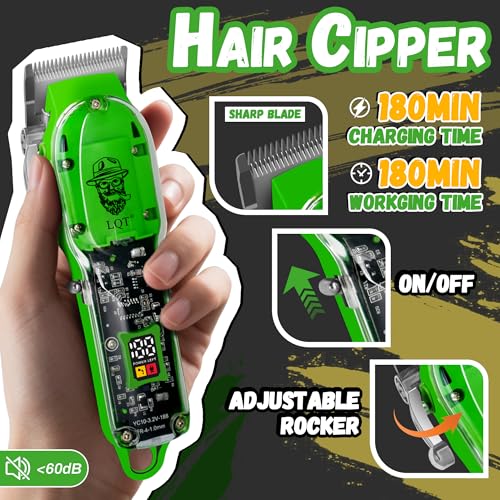 Professional Cordless Hair Clippers and Beard Trimmer Kit for Men, USB Rechargeable Hair Cutting Machine with 3D Floating Shaver, LED Display, Transparent Design, Grooming Gift Set, Home & Barber