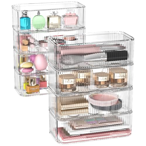 8-Pack Clear Stackable Storage Drawers with 16 Non-Slip Silicone Feet, Multi-Purpose Cosmetic & Home Organizers for Vanity, Office, Bathroom, Pantry, Easy-Pull Transparent Acrylic Storage Bins