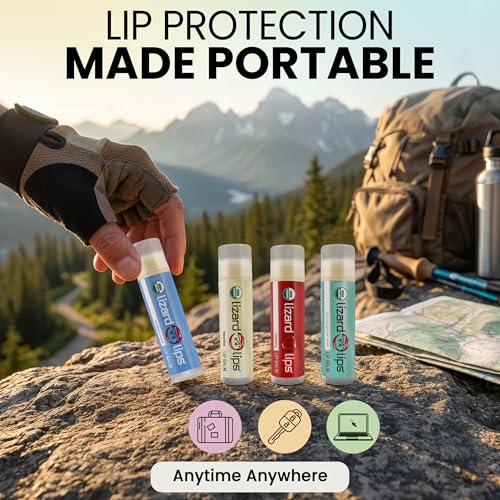 LizardLips Natural Lip Balm Set of 4; USDA Certification Lip Moisturizer; Unflavored, Vanilla, Cherry, Eucalyptus Mint; Travel-Friendly Everyday Care; Fun Quirky Beach Vacation Essentials