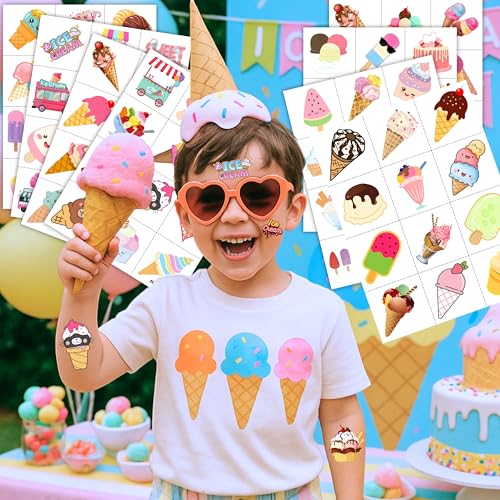 96PCS Ice Cream Pre-Cut Temporary Tattoos for Kids - Summer Birthday Party Supplies, Fun Tattoos for Boys & Girls, Party Favors, Classroom Prizes, Themed Gifts