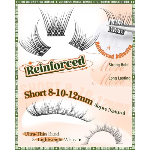 Short Self Adhesive Lash Clusters 8-10-12mm Natural Self Adhesive Eyelashes Pre Glued Individual Cluster Eyelash Extension Ultra-Thin Band Glueless Lashes Wispy No Glue Needed for Clean Beauty