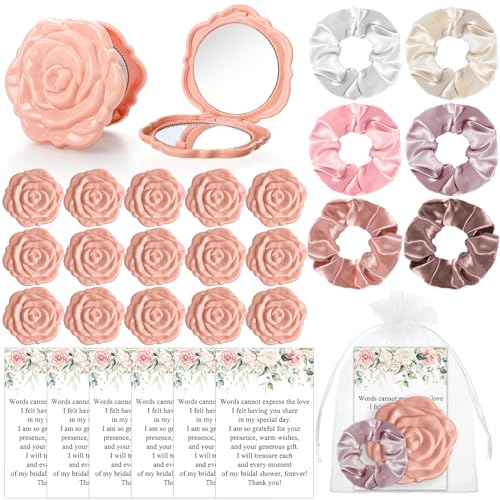 XunYee 30 Sets Rose Compact Mirror Bulk Bridal Shower Favors for Guests Souvenir Gifts Hair Ties Elastic Scrunchies, Thank You Card and Organza Bags for Wedding Valentines Quinceanera(Pink)