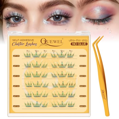 QUEWEL Self Adhesive Eyelashes, Colored Lash Clusters with Tweezer,36 PCS Pre Glued Eyelashes Clusters with 9-12mm, No Glue Needed Unique Matching to Enhance Charm(ZZBP-01)