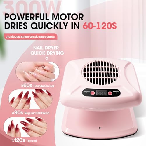 Nail Dryer for Regular Polish,LXIANGN 300W Timing Warm Cool Wind Air Nail Drying Fan with Auto Sensor,Professional Nail Fan Blow Dryer for Manicure Salon and Daily Home Use (Pink)