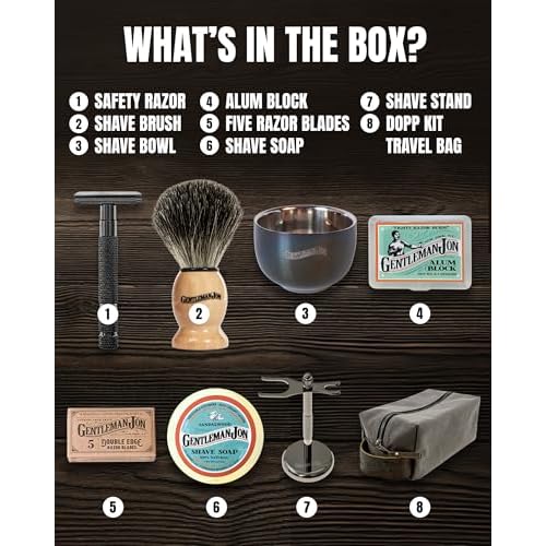 Gentleman Jon Deluxe Vintage Shaving Kit for Men - Men's Shaving Set Gifts, Compact Design, Includes Safety Razor and Brush Stand, Brush, Potassium Alum Block, Soap, Stainless Bowl, Stand & Dopp Kit