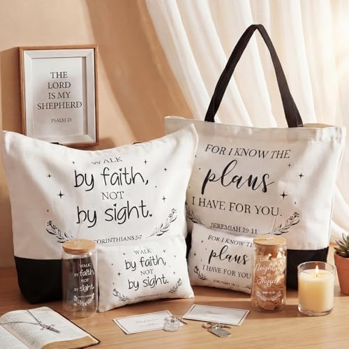 Abbylike 6 Sets/30 Pcs Christian Gifts for Women Religious Gifts Bulk 16oz Bible Glass Cup Canvas Bag Cosmetic Bag Keychain Greeting Card for Bible Study Group Church Pastor Party Coworker