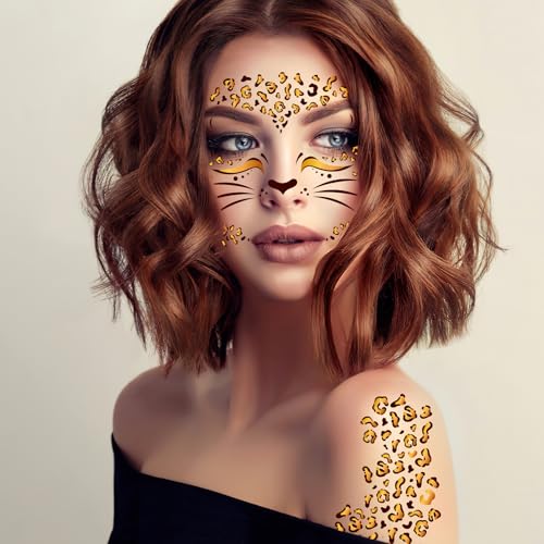 HOWAF 4 Sheets Leopard Face Tattoos, Cheetah Full Face Tattoos Stickers, Leopard Frint Temporary Tattoos for Carnival Party Halloween Costume Makeup Accessories, Cheetah Fake Tattoos Sheets