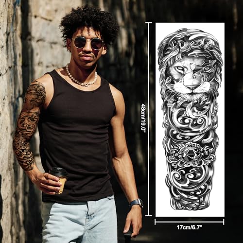 Full Arm Black Temporary Tattoo Sleeve for Men 8 Sheets, Scary Fake Tattoos That Look Real, Tigers for BBQ Pool Beach Party