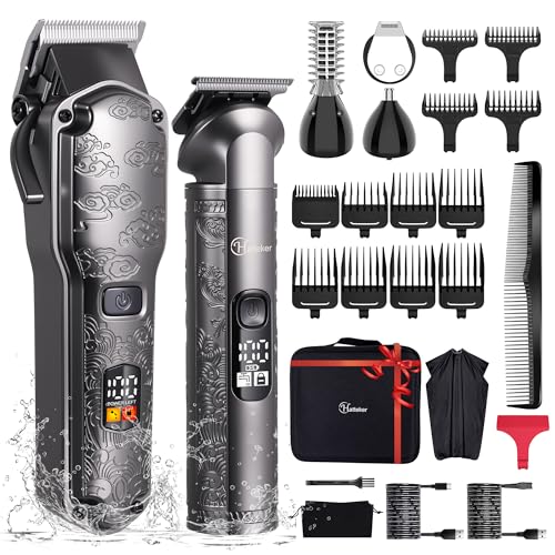Hatteker Professional Hair Clippers for Men Beard Trimmer Clippers Set Waterproof T-Blade Trimmer Cordless Grooming Kit Nose Body Hair Barber Clippers Hair Cutting Kit