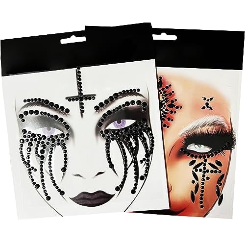 Black Tear Skull Face Jewels, Day Of The Death Skull Face Gems Jewels,2-Pack