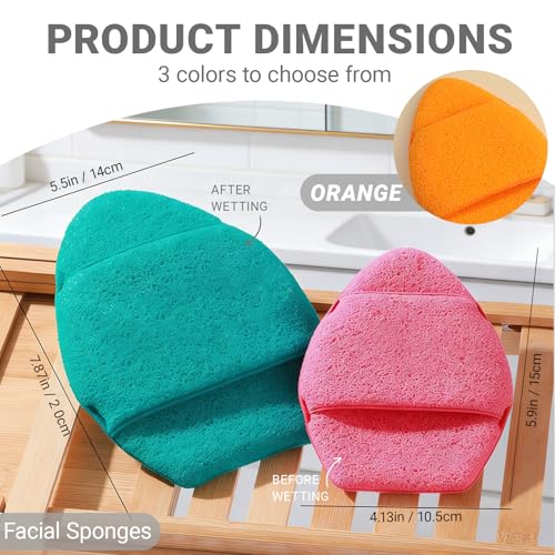 3Pcs Large Facial Sponge Set, 5.9in Reusable Cleansing Puff Colorful Makeup Remover Exfoliating Pads for Gentle Cleansing, Soft Face Sponge for Daily Face Wash(Pink Orange Green)
