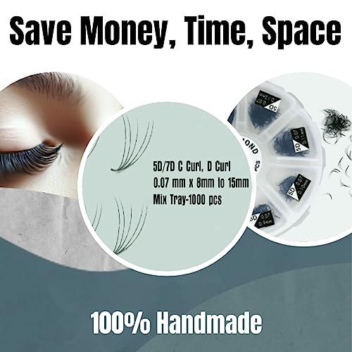 1000 Premade Fans Eyelash Extension Handmade Loose Volume Short Stem Eyelash Multiple Options 5D/7D Pre-made Fans 0.07mm Thickness C/D Curl 8mm-15mm Mixed Length Volume Eyelash Extensions mixed Length Eyelash in the tray (5D/D Curl)