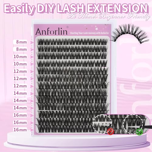 Lash Clusters 8-16mm Wispy Cluster Eyelash Extensions 143 PCS D Curly Volume Lash Clusters Wide Band Individual Lashes False Eyelashes DIY at Home Beginner Friendly, by Anforlin