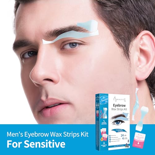 Beauty7 Sensitive Eyebrow Wax Strips, Facial Hair Removal for Men, Eyebrow Waxing Strips, 24 Strip 4 Calming Oil Wipes, Home Waxing for Men