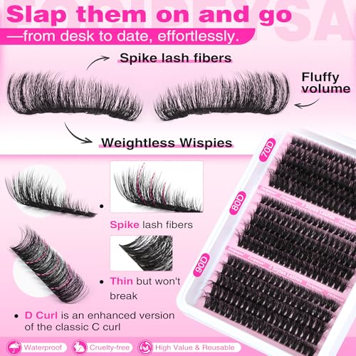 Focipeysa Full Volume Lash Extension Kit 70D 80D 90D Thick Lash Extension Kit 10-18mm Wispy Lash Clusters Individual Lashes Kit with Lash Bond and Seal for DIY Lash Extension at Home
