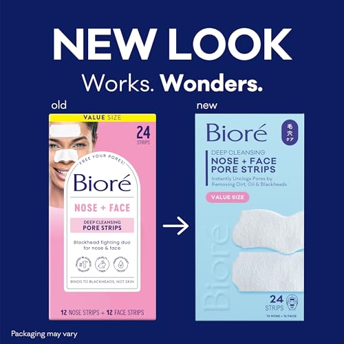 Biore Nose+Face Blackhead Remover Pore Strips, 12 Nose + 12 Face Strips for Chin or Forehead, Deep Cleansing with Instant Blackhead Removal and Pore Unclogging, Non-Comedogenic Use, 24 Ct Value Size