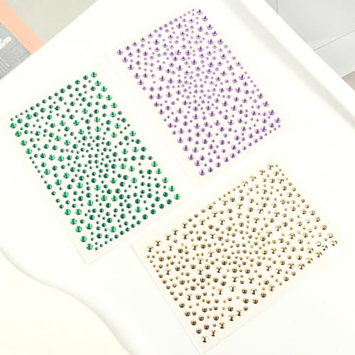 Mardi Gras Face Gems Self-Adhesive Face Jewels Stickers for Makeup, Green Purple Gold Festival Glitter for Mardi Gras Rave Accessories Hair Gems, Rhinestone Stickers for Face, Eye, Makeup, Body