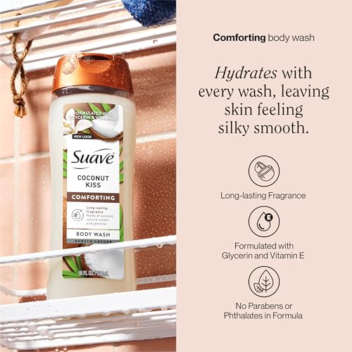 Suave Moisturizing Body Wash Women, Coconut Kiss with Vitamin E and Aloe Extracts, No Parabens, No Phthalates, 18 Oz (Pack of 6)