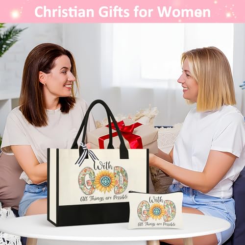 Christian Gifts for Women, Canvas Tote Bag with Makeup Bag