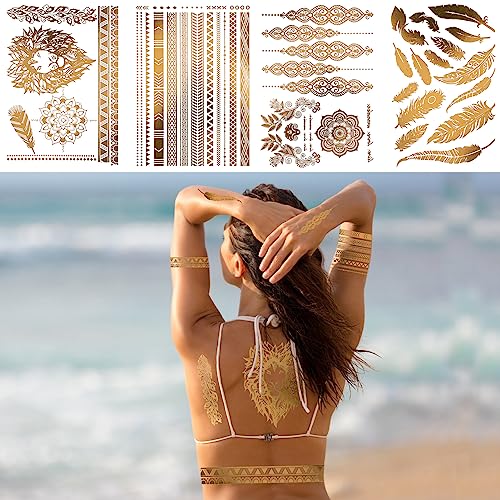 DPKOW 9 Sheets Gold Temporary Tattoos - Moon Star Butterfly Glitter Tattoos for Festival Flash Fake Waterproof Body Art