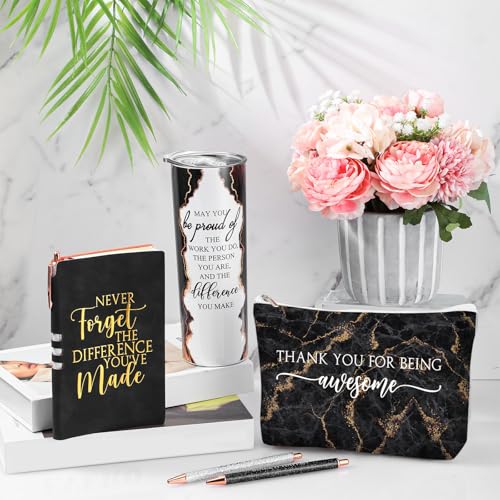 Domensi 6 Pcs Employee Appreciation Gift Set for Women Female Thank You Gift May You Be Proud 20 oz Rustic Marble Sign Tumbler Makeup Bag Journal for Nurse Lady Work Business(Black)