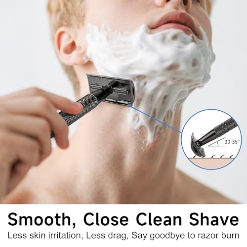 Safety Razor, Single Blade Razors for Men, with 10 Stainless Steel Double Edge Blades, Reusable Metal Blade Razor, Smooth and Close Shave, Sustainable, Plastic Free-Gun Black
