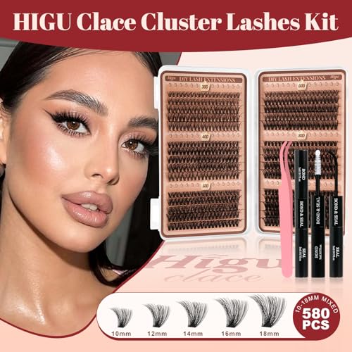 Higu clace Lash Clusters Kit 580pcs 30D+40D+50D+60D+80D+100D Lash Clusters 6 Styles Mixed 10-18MM With Bond And Tweezer, Wispy Cluster Eyelash Extensions, Easy to Use, Can DIY at Home