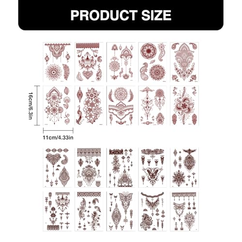 20 Sheets Brown Henna Tattoo Kit, Lace Fake Tattoos Temporary Waterproof Henna Tattoo Stickers Body Art Decorations for Women Wedding Party
