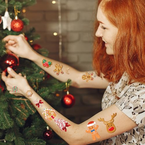 Merry Christmas Gingerbread Temporary Tattoos - 8 Sheets 280 Pcs Birthday Party Decorations Cute Man Cookies Tattoo Stickers for Boys Girls Xmas Party Favors Decor Gifts