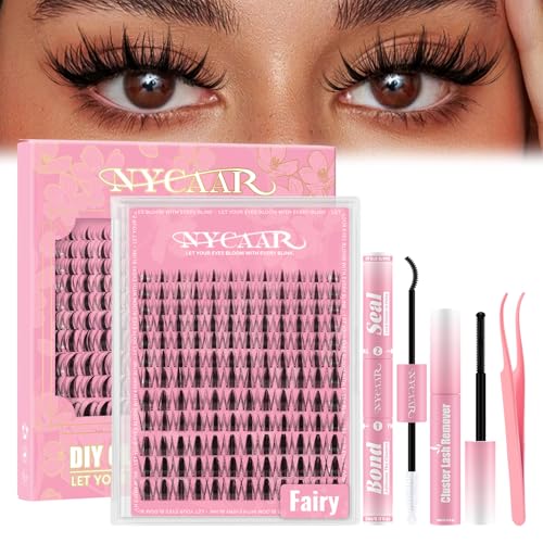 Fairy Lash Clusters Kit Spiky Manga Lash Clusters D Curl 144Pcs 8-18mm Lash Extension Kit Wispy Invisible Band Lashes Kit with Bond and Seal,Remover,Applicators DIY at Home(Fairy)