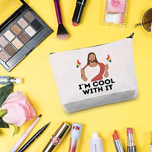 G2TUP LGBTQ Pride Gift Jesus I'm Cool With It Makeup Bag Gay Pride Rainbow Cosmetic Bag Travel Pouch with Zipper Support LGBT Gift (Cool With It White Bag)