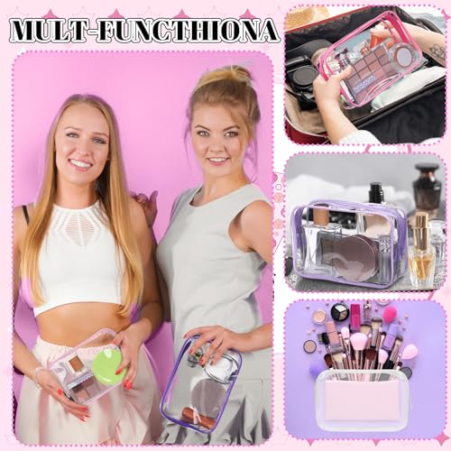 15 Pcs Clear Makeup Bag with Zipper PVC Toiletry Bag Portable Waterproof Make up Pouches Clear Makeup Case Organizer for Women Travel Toiletries Bathroom Organizing (Pink and Purple)