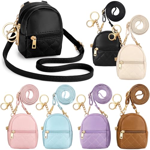 6 Pcs Mini Backpack Keychain Cute Cosmetic Bag for Women PU Leather Makeup Bag Key Pocket Lipstick Bags Card Holder Data Cable Organizer Zipper Pouch with Lanyard Ideal for Gift